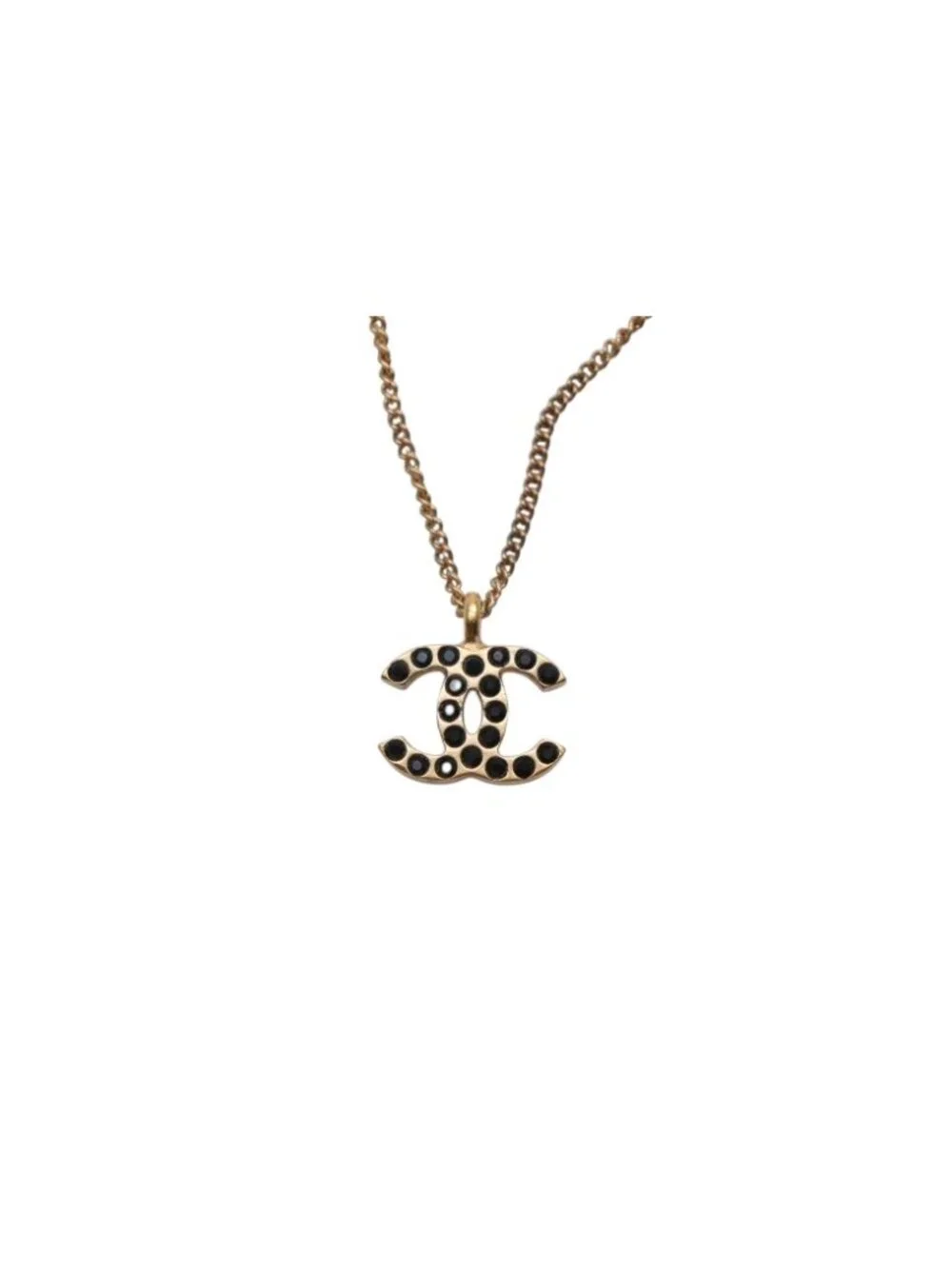 Chanel CC Logo Black Rhinestone Necklace Metal Gold